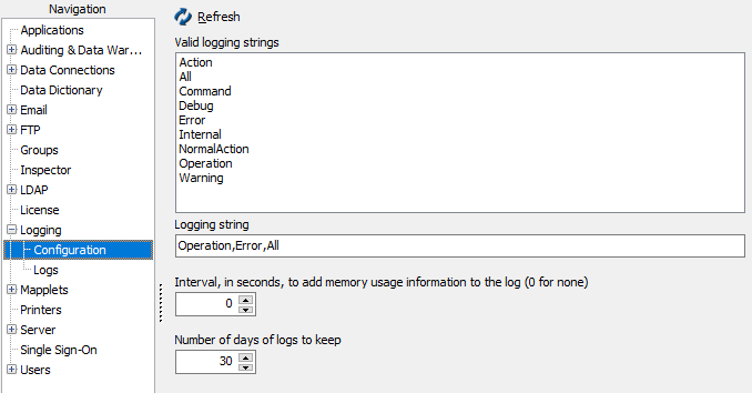 Logging -> Configuration screen showing the list of available logging actions, the logging string, logging interval, and number of days to keep logs.